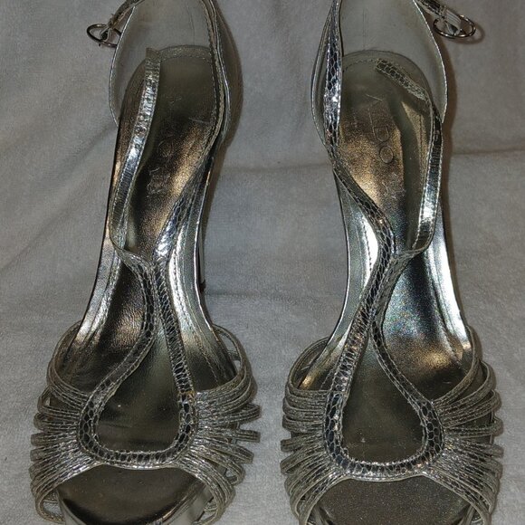 Aldo Silver Leather Open Toe Ankle Strap Heels - Picture 4 of 6